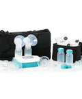 Hospital Strength Double Electric Breast Pump With Custom Suction Controls And Lowkey Quiet Motor To Keep Pumping Sessions Smooth Plus Wall Battery Car Adapter And Spare Parts Included with tote and bottles.