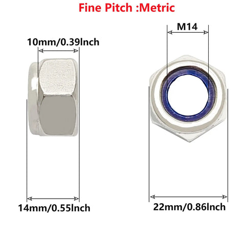 Two Pack M14 X 1.5mm Stainless Steel Nylon Insert Lock Nuts, Silver, Heavy Duty Nylon Nut Fasteners For Industrial, Automotive, And DIY Projects And More