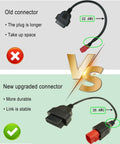 Comparison of old and new upgraded 6 Pin OBD2 To 16 Pin Diagnostic Cable for Euro5/6 motorcycles, showing improvements