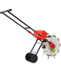 Side view of 10 Nozzle Hand Pushed Seeder With 8.27 Pounds Seed Storage Box Adjustable Sowing Quantity And Depth Wheeled Planter