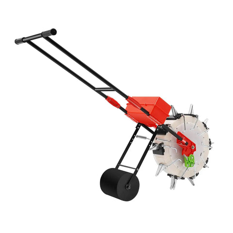 Side view of 10 Nozzle Hand Pushed Seeder With 8.27 Pounds Seed Storage Box Adjustable Sowing Quantity And Depth Wheeled Planter