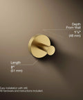 Elate Robe Hook In Vibrant Brushed Moderne Brass For Coordinating Faucets And Accessories, dimensions labeled, easy installation