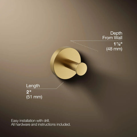 Elate Robe Hook In Vibrant Brushed Moderne Brass For Coordinating Faucets And Accessories, dimensions labeled, easy installation