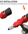 Upgrade Your Gear With This Ultimate Durability Drill Adapter For Riveting That Slaps With 100 AntiCorro Coated Rivets Perfect For Trailer Hacks HVAC Fixes And Snagging Stuck Bolts In Hard Metal Jobs Fast. Red drill adapter with brass tip, shown installed on a power drill.