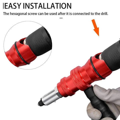 Upgrade Your Gear With This Ultimate Durability Drill Adapter For Riveting That Slaps With 100 AntiCorro Coated Rivets Perfect For Trailer Hacks HVAC Fixes And Snagging Stuck Bolts In Hard Metal Jobs Fast. Red drill adapter with brass tip, shown installed on a power drill.