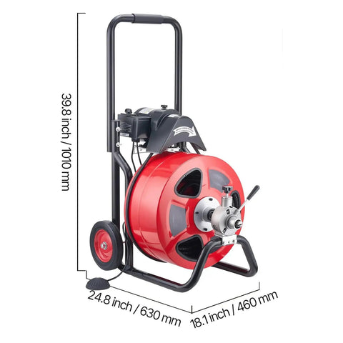 Wheeled Electric Sewer Snake Auger With 100 Feet Cable and Three Quarter Inch Width auto feed drain cleaner side view dimensions
