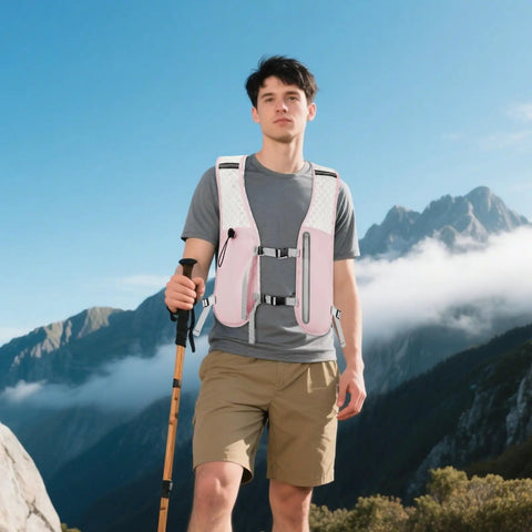 Person wearing Ultra Lightweight Running Hydration Vest With Adjustable Straps Bladder Compatible Chest Pack during hike in mountains.