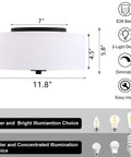 Two Light Flush Mount Ceiling Light Fixture With White Fabric Drum Shade 12 Inch details and features diagram