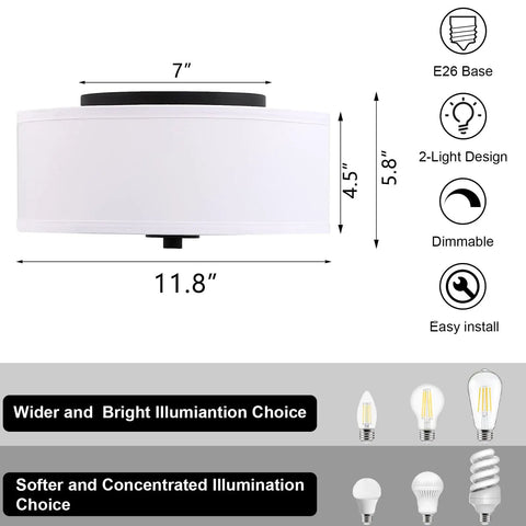 Two Light Flush Mount Ceiling Light Fixture With White Fabric Drum Shade 12 Inch details and features diagram