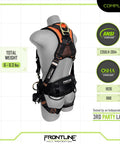 Back view of mannequin wearing All Day Comfort Full Body Harness For Worksite Safety OSHA And ANSI Compliant with black webbing and orange stitching.