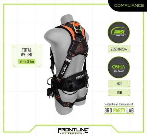 Back view of mannequin wearing All Day Comfort Full Body Harness For Worksite Safety OSHA And ANSI Compliant with black webbing and orange stitching.