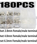 Ultimate 180 Pcs Insulated Male Female Wire Connector Kit With Crimp Terminals And Spade Connectors Featuring Easy Install Assorted Sizes For All Your Auto Electrical DIY Projects And Repairs. 180-piece plastic organizer with 2.8mm, 4.8mm, and 6.3mm terminals
