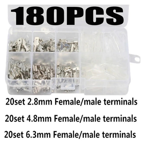 Ultimate 180 Pcs Insulated Male Female Wire Connector Kit With Crimp Terminals And Spade Connectors Featuring Easy Install Assorted Sizes For All Your Auto Electrical DIY Projects And Repairs. 180-piece plastic organizer with 2.8mm, 4.8mm, and 6.3mm terminals
