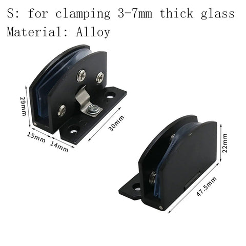 No Drilling Heavy Duty Clamp Alloy Hinge for Glass Cabinet Doors and Wine Cabinets, small black aluminum, side view