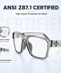 Built Tough Photochromic Safety Glasses With Auto Darkening Lenses Shifting From Clear Indoor View To Dark Shades Outside Alongside Ansi Z87 Plus Certified Impact Resistant Specs With Secure Side Shields, showing side shield feature.