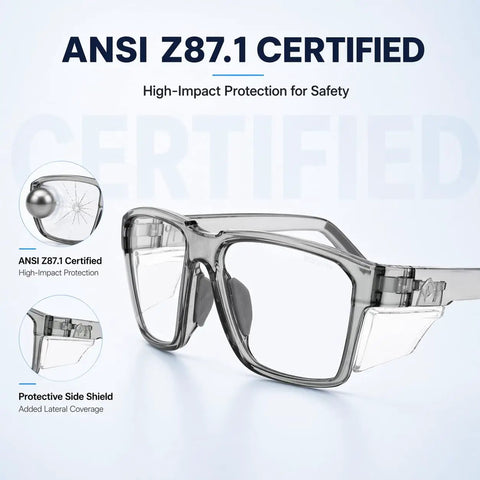 Built Tough Photochromic Safety Glasses With Auto Darkening Lenses Shifting From Clear Indoor View To Dark Shades Outside Alongside Ansi Z87 Plus Certified Impact Resistant Specs With Secure Side Shields, showing side shield feature.