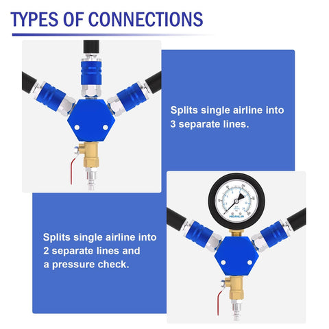 Diagram showing Workhorse 3 Way Air Manifold with 200 PSI Gauge, splitting single airline into multiple connections.