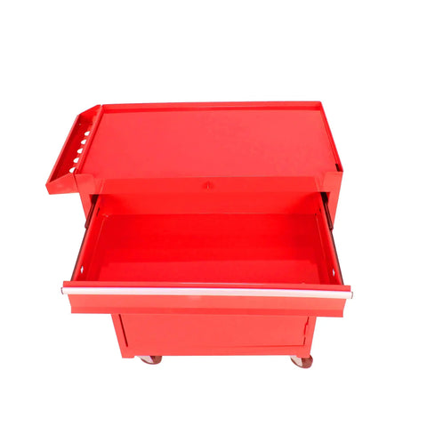 Top view of open Heavy Duty 5-Drawer Rolling Tool Chest On Wheels With Lockable Drawers And Keyed Entry, red steel.