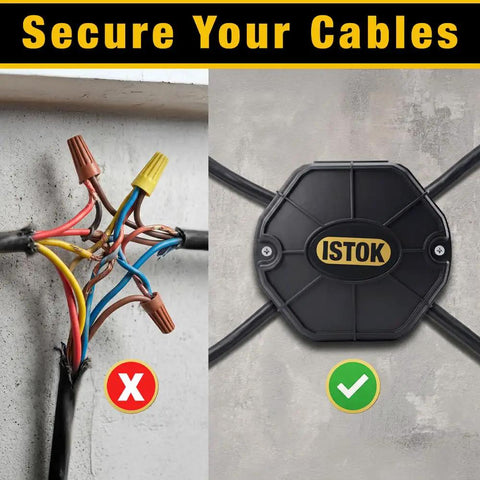 Image of comparison between exposed wires and a secured Open Splice Junction Box 6 Pack Kit With 18 Twist On Wire Connectors Pro Grade DIY Electrical Box For Wiring Flame Retardant PP Plus ABS V0 Home Garage Workshop Screws Included installed on wall.