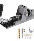 Straight Shooter 15 Degree Pocket Hole Jig Kit featuring single side access for hassle free cabinet building and dead on alignment crafted from heavy duty aluminum construction, showing included hardware and tools.