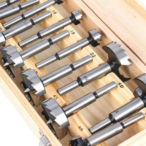 Top Shelf 16 Piece Wood Drill Bit Set With Tungsten Carbide Tips, featuring various sizes in a wooden storage box.