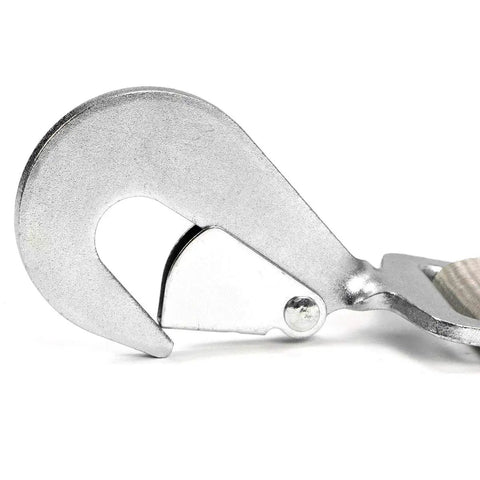 Close-up of twisted snap hook on Heavy Duty 2 Inch By 96 Inch Car Tie Downs With Twisted Snap Hooks Silver Series 2 Pack