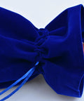 Four Pack Flannelette Wine Bottle Bags With Drawstrings For Travel Gift Packaging And Party Supplies, dark blue fabric close-up