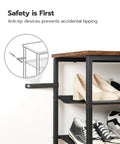 4 Tier Shoe Rack Storage Organizer With Three Oxford Fabric Shelves And Top Panel Space Saving Setup For Entryway And Closet That Holds 12 To 16 Pairs Of Shoes Industrial Rustic Brown Finish with anti-tip device detail