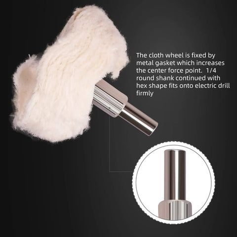 Drill Polishing Wheel Kit With 8 White Flannelette Buffing Mops, 1/4 Inch Hex Shafts close-up with metal gasket