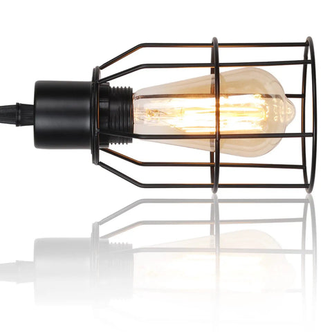 Close-up of black metal cage lampshade from Farmhouse Style 3 Light Semi Flush Mount Ceiling Light Fixture With Solid Wood Canopy