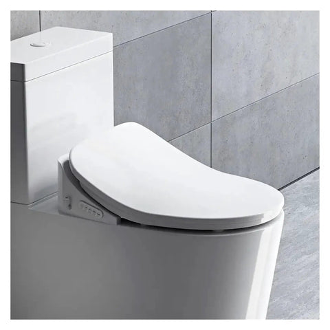 Close-up of Premium Comfy Smart Heated Toilet Seat With Electric Bidet Cover on standard toilet, featuring sleek design.