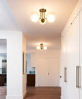 Modern Brass Gold 3 Light Ceiling Fixture With Globe White Glass Shade Semi Flush Mount For Living Room Hallway