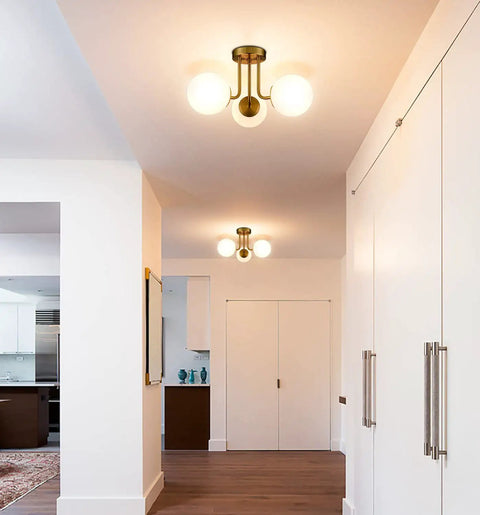 Modern Brass Gold 3 Light Ceiling Fixture With Globe White Glass Shade Semi Flush Mount For Living Room Hallway