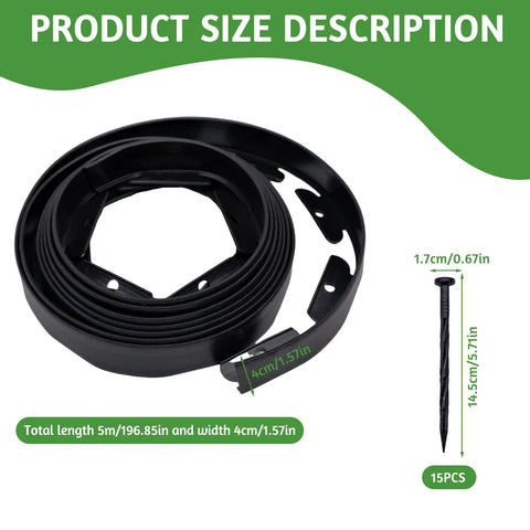 Flexible Lawn And Garden Edging Border 1.5 Inch By 16 Foot Black Reinforced Plastic Grass Border with securing pegs
