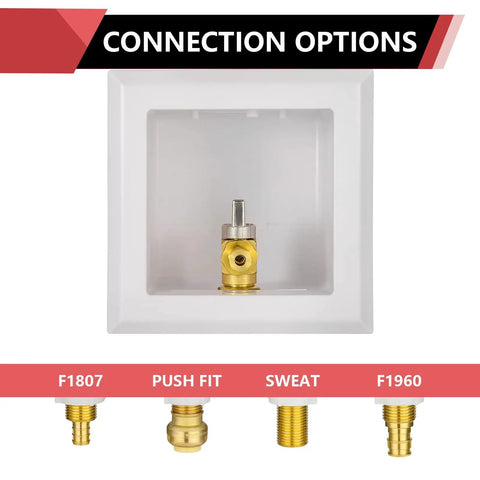 Universal Ice Maker Box With One Half Inch Pex Crimp Inlet And Installed One Quarter Turn Brass Ball Valve Snap On Faceplate
