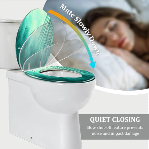 Elongated Toilet Seat Resin for Bathroom, teal design with quiet closing feature, fits standard toilets, 14.5" x 18.5".