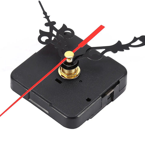 Close-up of a black Quartz Clock Mechanism Kit with hands and motor for easy wall clock repair, DIY replacement movement.