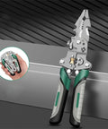 Hot 16 In 1 Foldable Wire Stripper And Crimping Tool with carbon steel frame and padded grip for cutting and stripping wires.