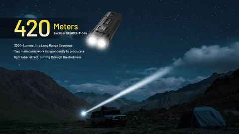 Ultra Bright 8000 Lumen EDC Flashlight With Flat Pocket Friendly Design USB C Fast Charging Digital OLED Display Safety Lock And Long Throw Beam For Everyday Carry Beast Mode Brightness, showing 420 meters tactical search mode beam illuminating dark landscape.