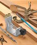 Pocket Hole Jig Kit For DIY Carpentry Pro Grade 15 Degree Angle Guide With High Precision Adjustable Woodworking Drill Locator Oblique Hole Puncher Complete Drill Guide Set For Home Projects on workbench with tools