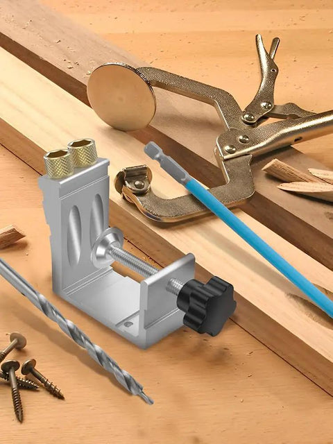 Pocket Hole Jig Kit For DIY Carpentry Pro Grade 15 Degree Angle Guide With High Precision Adjustable Woodworking Drill Locator Oblique Hole Puncher Complete Drill Guide Set For Home Projects on workbench with tools