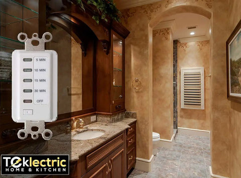 One-Touch Auto Shut Off Timer For Bathroom Fans With 5 10 15 30 Minute Presets, White Finish, shown in elegant bathroom setting