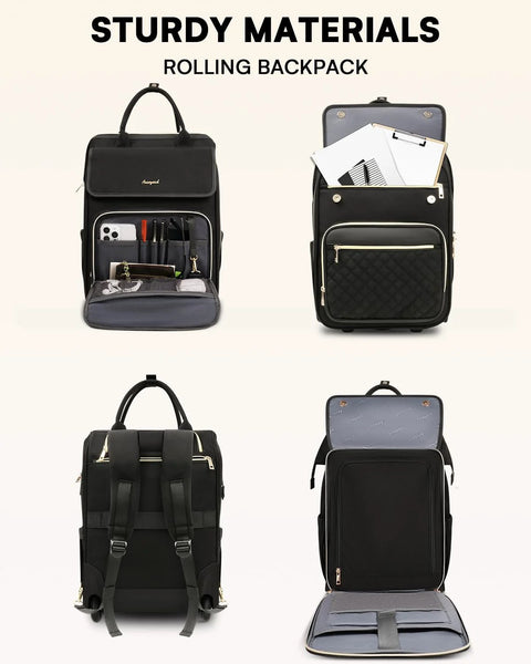 Arcoyard rolling backpack with wheels, black water-resistant fabric, 2-in-1 flip-top carry-on; front, side, and back views