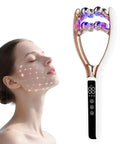 Wireless Face Massager With 8 Roller 3D Face Roller LED Light Therapy Massager displayed next to a woman's face in use