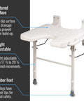 Wall Mount Fold Away Shower Chair With Adjustable Legs 16 By 16 Inch White Bath Seat showing textured surface and rubber feet.