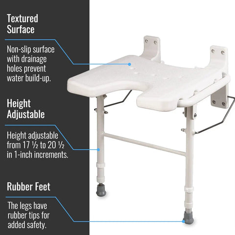 Wall Mount Fold Away Shower Chair With Adjustable Legs 16 By 16 Inch White Bath Seat showing textured surface and rubber feet.