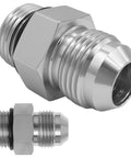 3/8 Inch JIC 37 Degree Male To 3/8 Inch SAE ORB Male Hydraulic Hose Connector Adapter Straight Fitting For Leak Free JIC To ORB Conversions Heavy Duty Universal Compatibility For Hydraulic Lines And Machinery. Carbon steel adapter with O-ring seal, shown in two views.