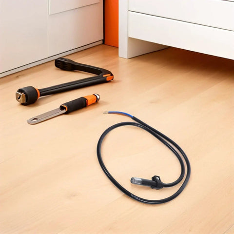 Two Pack Industrial Flame Sensor Replacement Kit For Furnaces With Plastic Burner Rods, High Sensitivity Flame Detection, Easy Install, No Fuss Home Heating System Upgrade cable and sensor parts on floor