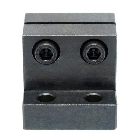 Front view of Metric Carbon Steel Bracket Guide Shaft Support With T Flange Seat, black oxide finish, two hex bolts visible.