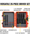26-Piece Impact Driver Bit Set With Nut Driver And Screwdriver Bits In Durable Case, showcasing extended reach and precision tips.